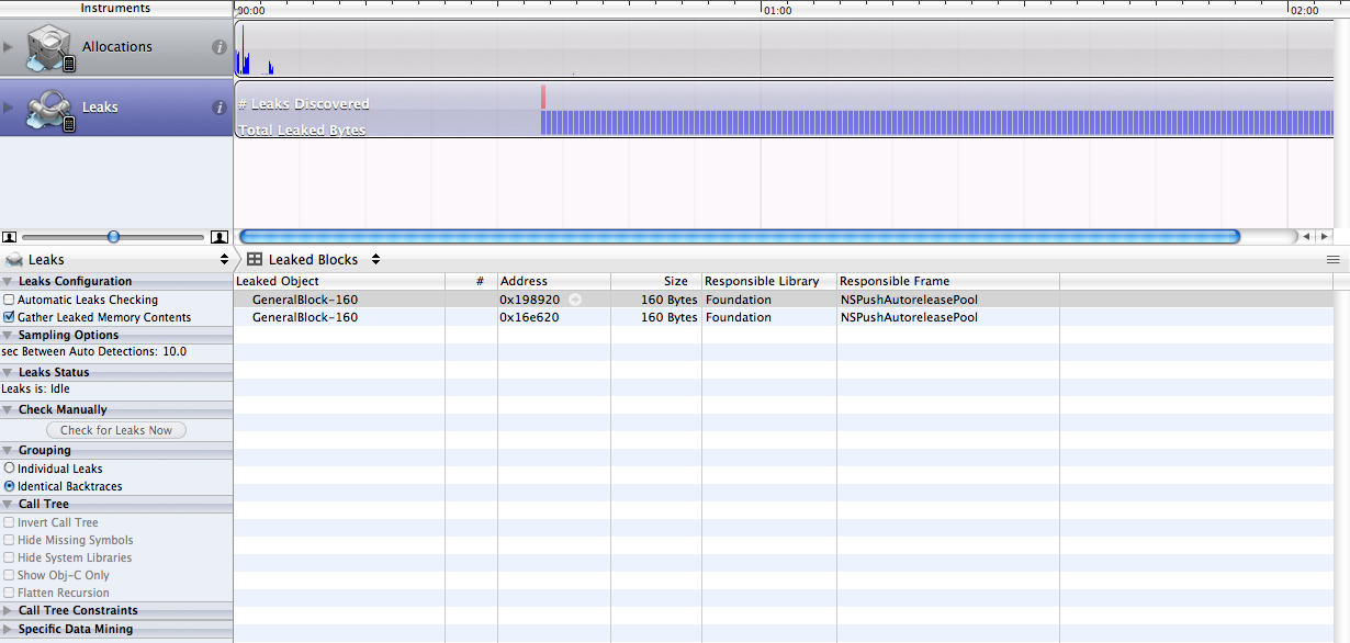 Leaks with 2 GeneralBlock-160 leaks at 160 bytes in Foundation's NSPushAutoreleasePool